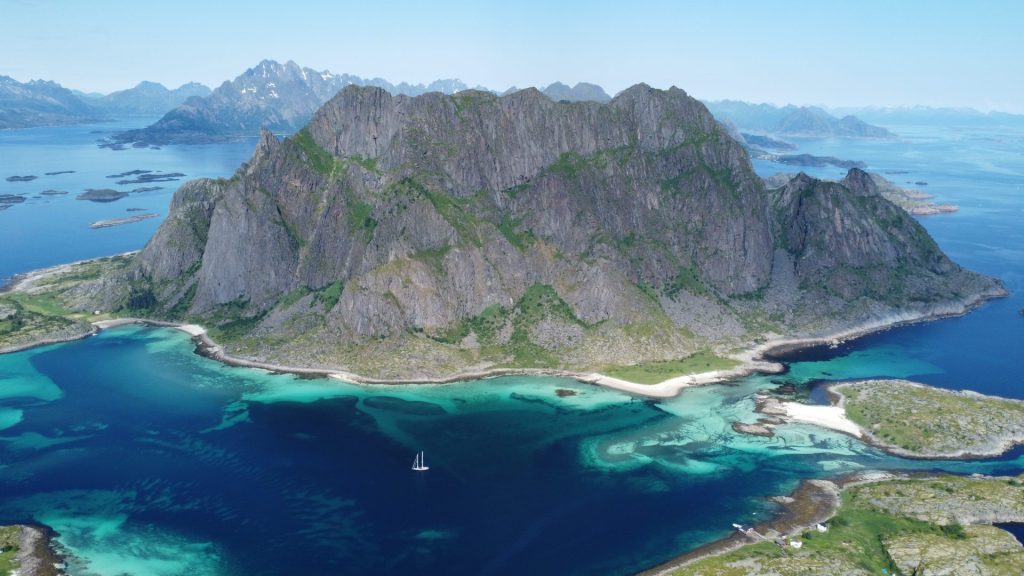 Aerial view of the Norwegian west coast, with the s/v Abel Tasman anchored.